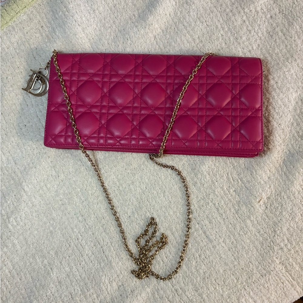 Dior Fuchsia Quilted Clutch with Gold Chain
